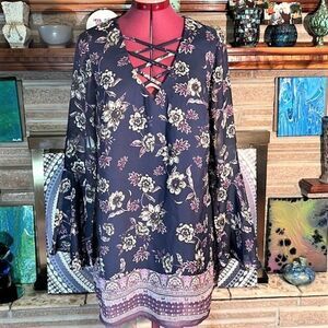 Speechless Navy & Purple Floral Tunic Bell Sleeve Criss-Cross Front Medium NWOT